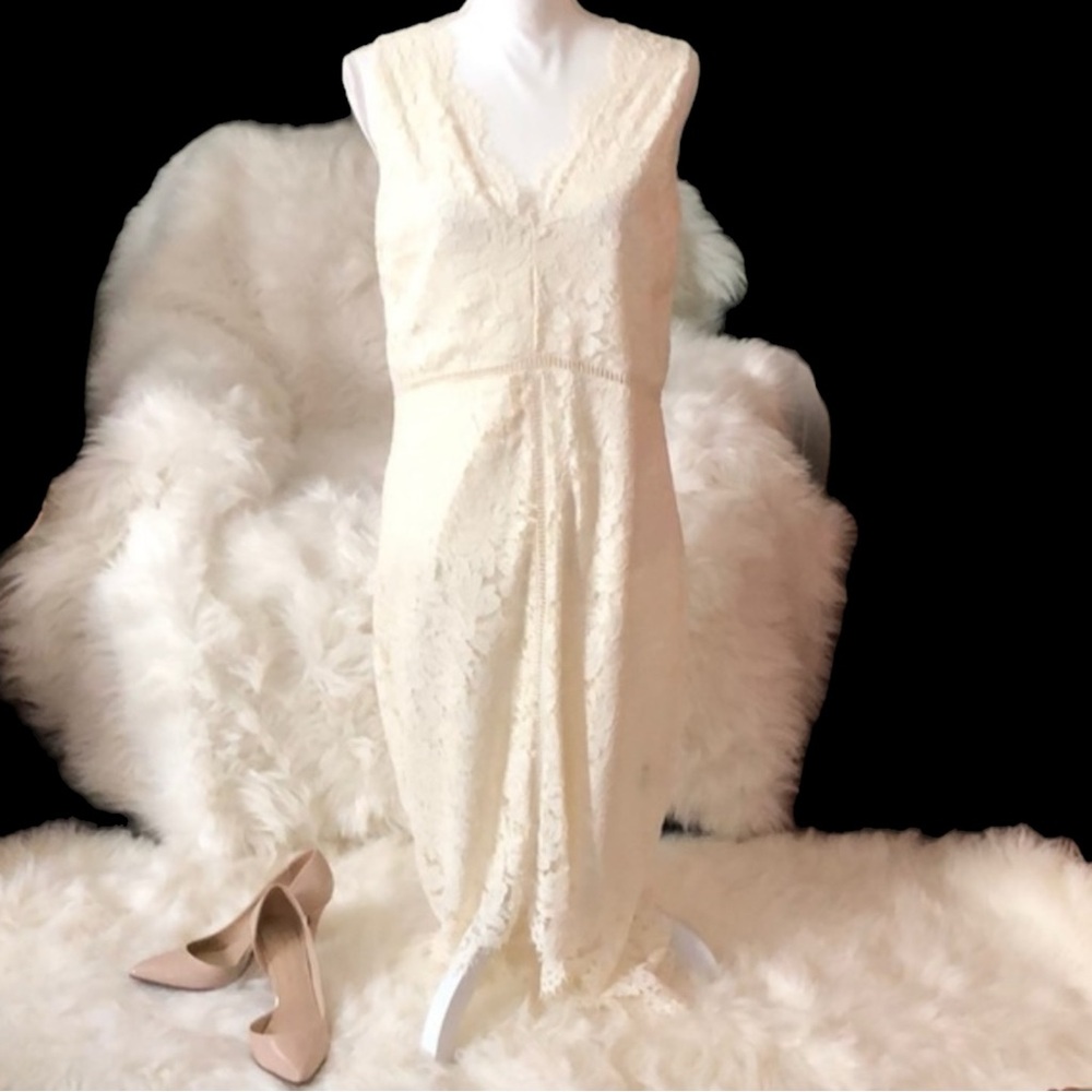 CURE Ivory Lace Sleeveless V Neck Midi Dress Scalloped Hem Large